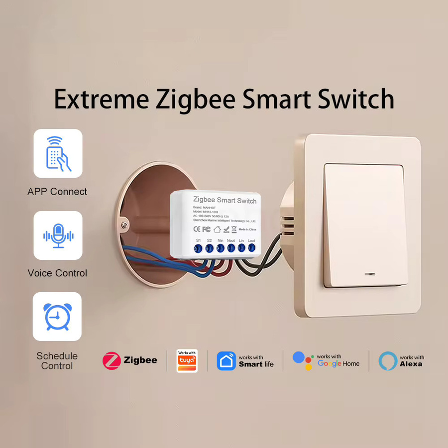 MANHOT Zigbee 3.0 Mini Smart DIY Lichtschalter Modul, 2-Wege 12A Smart Relais zur Automatisierung, kompatibel mit Tuya und Google Home, Weiß - Bild 3
