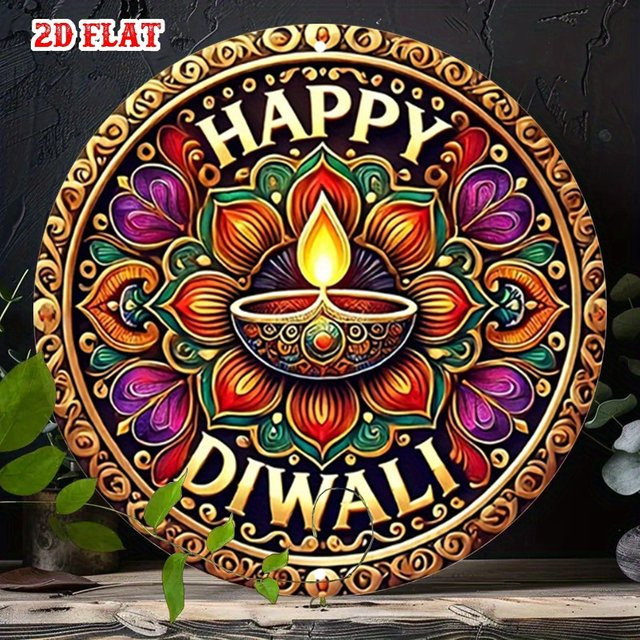 Potdemiel Happy Diwali Rundes Aluminiumschild mit Diya-Design und Mandala-Motiv, Mehrfarbig, Durchmesser: 19,99 cm - Bild 1