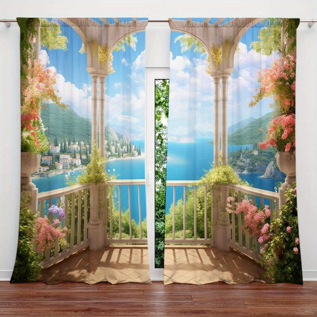 2er-Set Dekorative Vorhänge mit Palmen- und Strandmotiv in Blau und Multicolour, 3D-Digitaldruck aus Polyester, B/H: 50 x 130 cm - Bild 1