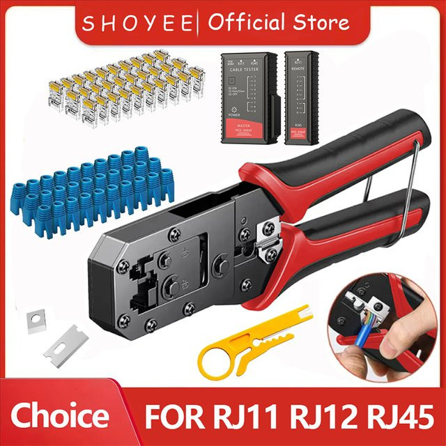 SHOYEE RJ45 Crimpzange für Ethernet Netzwerk LAN Kabel mit Cutter und Stripper in Rot - Bild 1