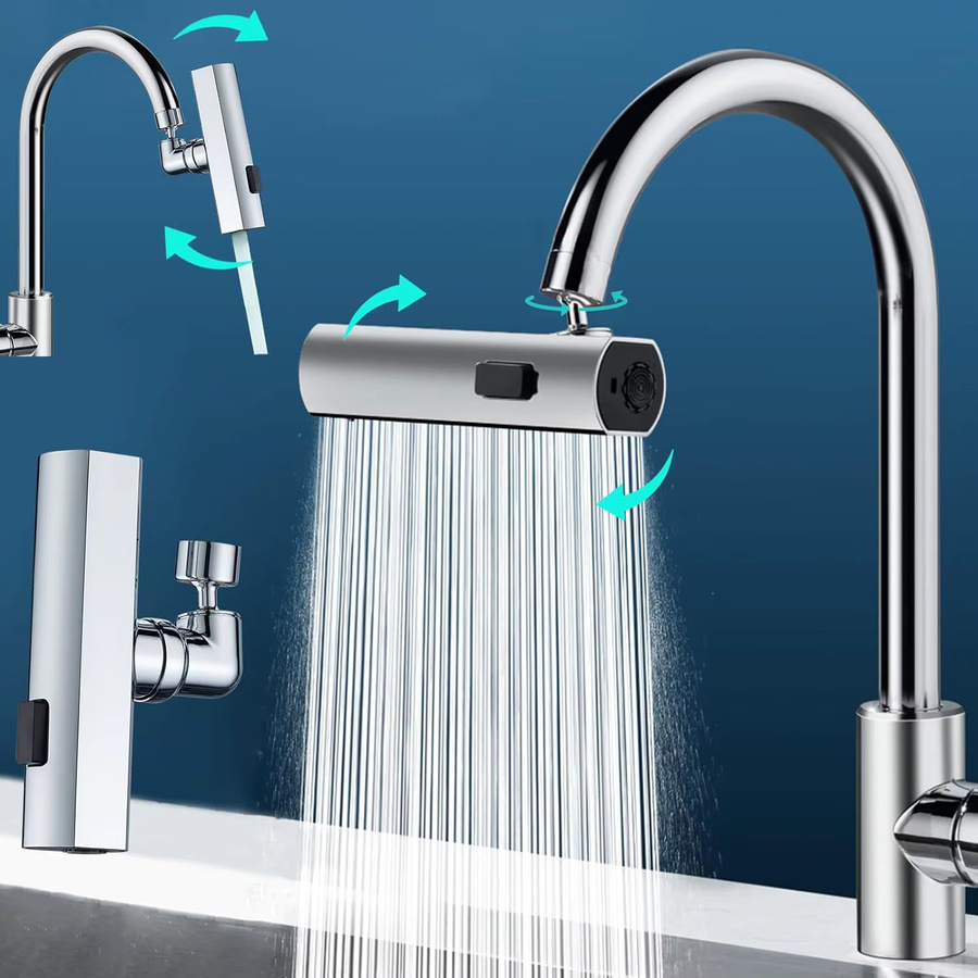 Universeller Küchen-Wasserfallhahn in Chrom Silber mit drehbarem Auslauf, Spritzschutz-Düse und drei Geschwindigkeiten für Küche und Bad - Bild 2