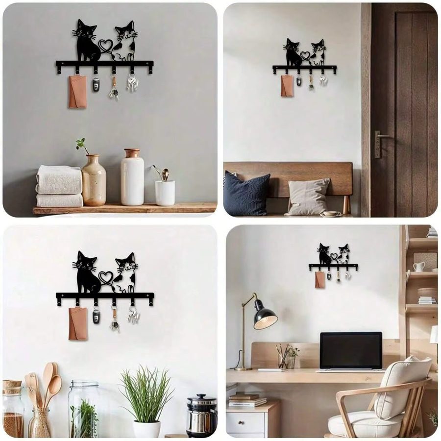 CIFBUY Brand Double Cat Schlüsselhalter zur Wandmontage aus schwarzem Metall mit Herz-Design und Aufbewahrungsregal - Bild 2