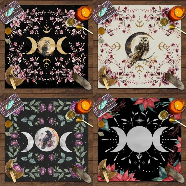 Tarot-Karten-Tischdecke im Boho-Stil mit Blumen, Mond und Eule aus Leinen - Bild 1