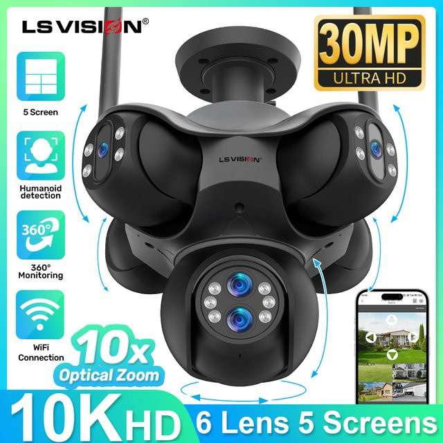 LS VISION Panorama WLAN Überwachungskamera für den Außenbereich mit 5 Bildschirmen, 6 Objektiven und 10-fachem optischem Zoom, PTZ CCTV Kamera zur Heimüberwachung - Bild 1