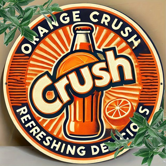 Potdemiel Orange Crush 2D-Metallschild aus Aluminium, rundes Vintage-Soda-Wandkunst-Design mit Sunburst-Hintergrund, Durchmesser: 20,3 cm - Bild 1