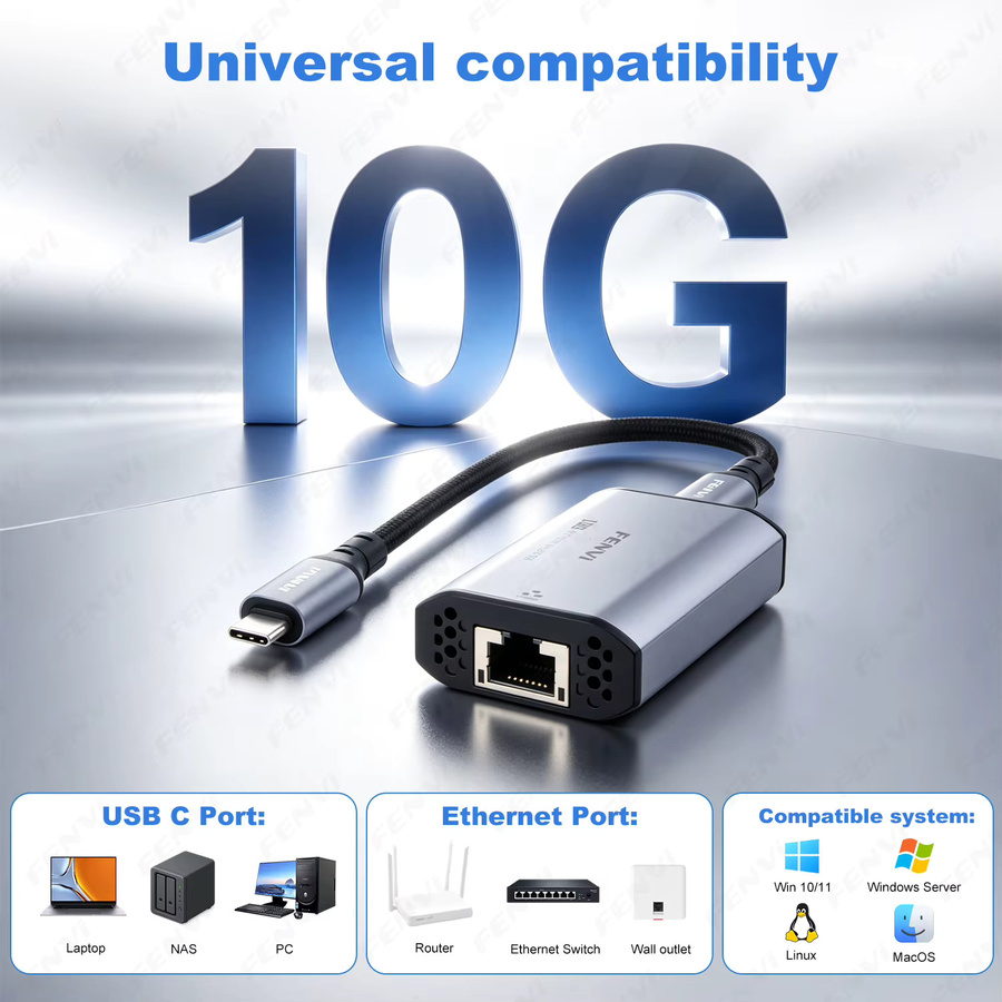 FENVI USB-Netzwerkadapter USB 3.2 auf 10GbE RJ45 Gigabit-Ethernet-Konverter in Silber mit USB-C Anschluss - Bild 2