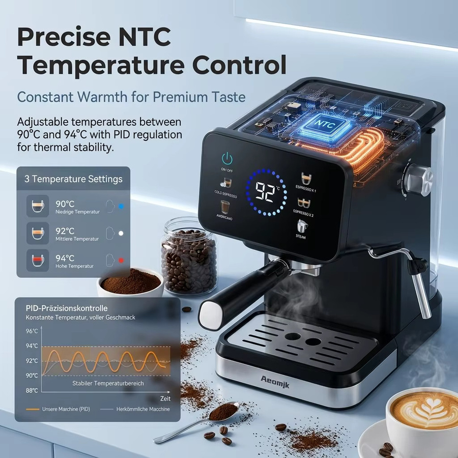 SZWDSE Halbautomatische Espressomaschine mit integriertem Milchaufschäumer und Temperaturregelung, 20 bar Druck, Schwarz - Bild 5
