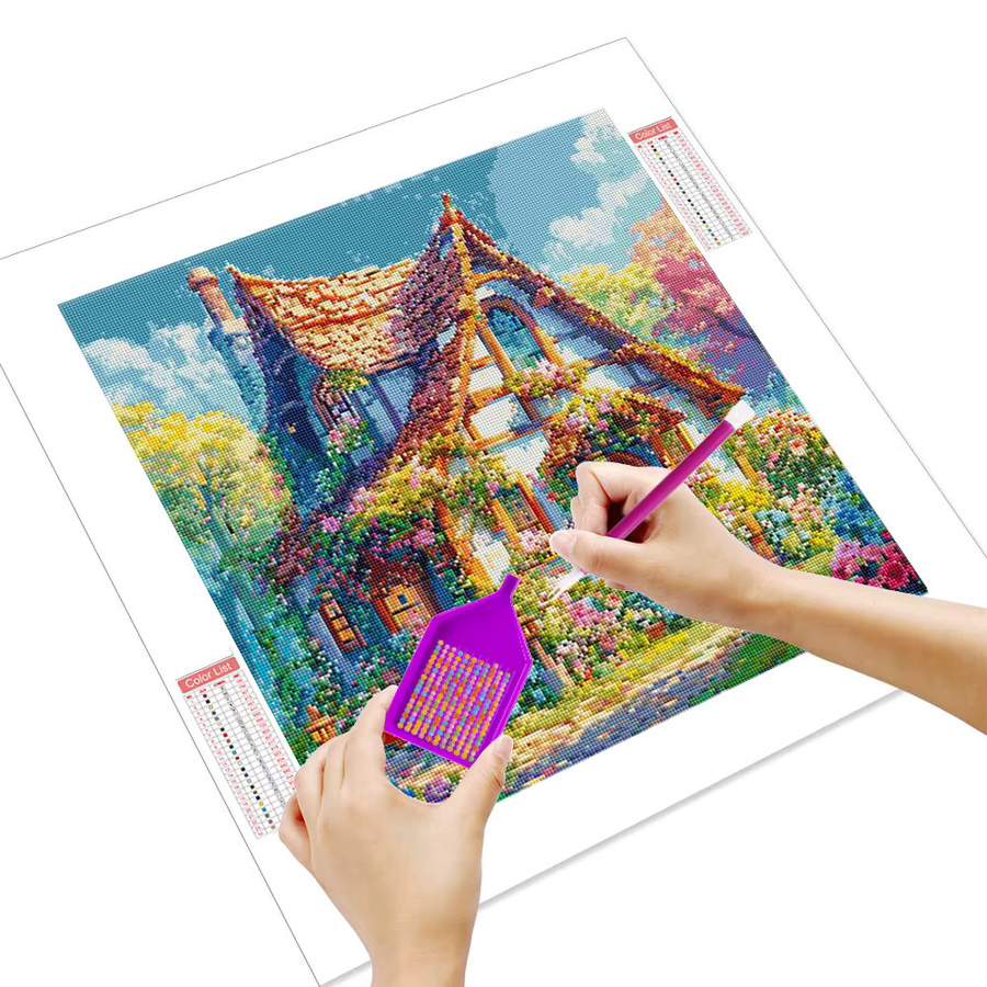 Huacan Diamantmalerei Set Frühling Landschaft mit Blumen und Haus, Rundbohrer, Mehrfarbig - Bild 2