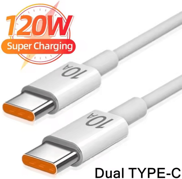 Dual USB-C Schnellladekabel 120W 10A in Weiß für iPhone, Samsung, Xiaomi und Huawei - Bild 1