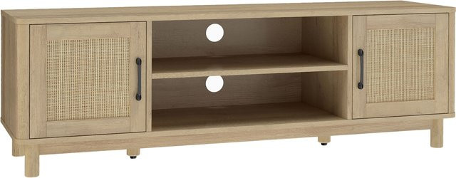 HOMCOM TV-Möbel in Eiche im Boho-Stil mit Rattan-Türen und Kiefernholzfüßen, Breite: 135 cm - Bild 1