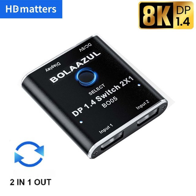 DisplayPort-Switch 2 in 1 Out Video-Wahlschalter DisplayPort 1.4 für PC und Laptop, unterstützt 18k 60Hz, 5k 120Hz und 4k 144Hz, Schwarz - Bild 1