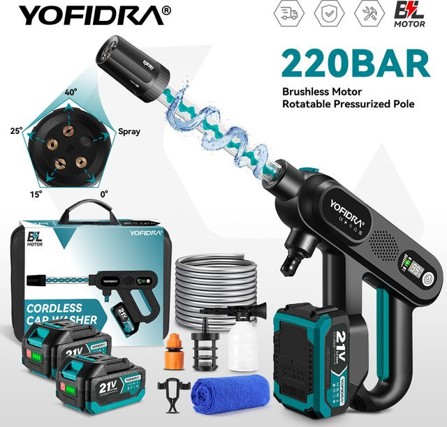 YOFIDRA Bürstenlose Autowaschanlage in Schwarz, 220 Bar, kabelloses Reinigungsgerät mit 3 Gängen für Makita 18–21 V Akku-Pins zur Gartenreinigung und Bewässerung - Bild 1
