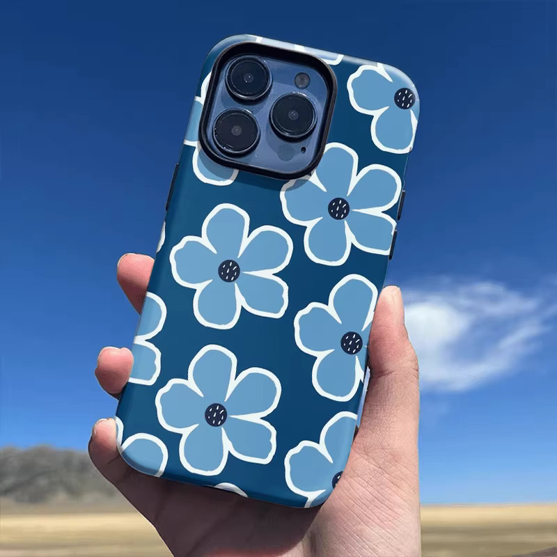 Luxuriöse Handyhülle von Potdemiel mit blauem Blumen-Design für iPhone 11 bis iPhone 16 Pro Max Plus - Bild 3