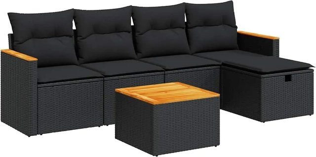 vidaXL 6-teilige Garten-Sofagarnitur aus Poly-Rattan und Akazienholz in Schwarz mit Kissen - Bild 1