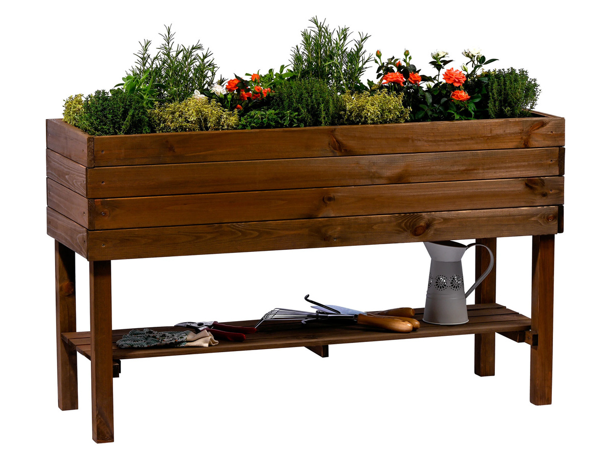 Dobar Hochbeet aus Kiefernholz mit Ablage und Pflanzfolie, Braun, B: 117 cm, T: 40 cm - Bild 3