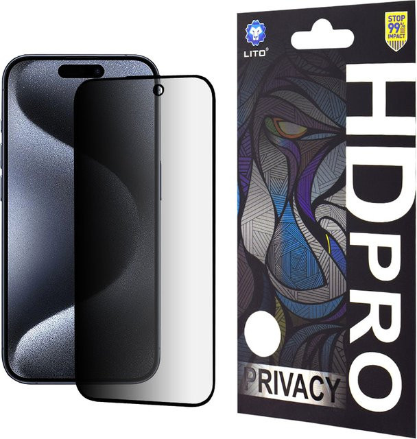 Lito HD Pro Privacy-Schutzfolie aus gehärtetem Glas für Apple iPhone 15 Pro, transparent, Full Glue - Bild 1