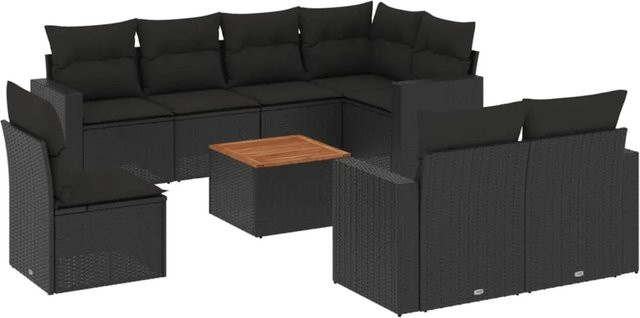 vidaXL 9-tlg Garten-Sofagarnitur in L-Form aus schwarzem PE-Rattan mit Kissen und Akazienholz - Bild 1