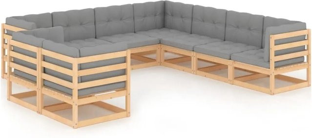 vidaXL 9-tlg Garten-Lounge-Set aus massivem Kiefernholz in U-Form mit grauen Polstern - Bild 1