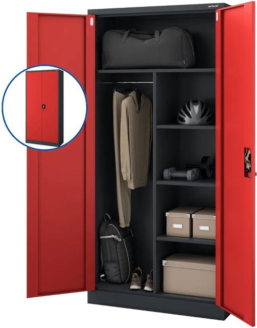 DELUKE Mehrzweckschrank aus Metall mit Kleiderstange und Regalböden, abschließbar, Anthrazit-Rot, H x B x T: 185 x 90 x 45 cm - Bild 1