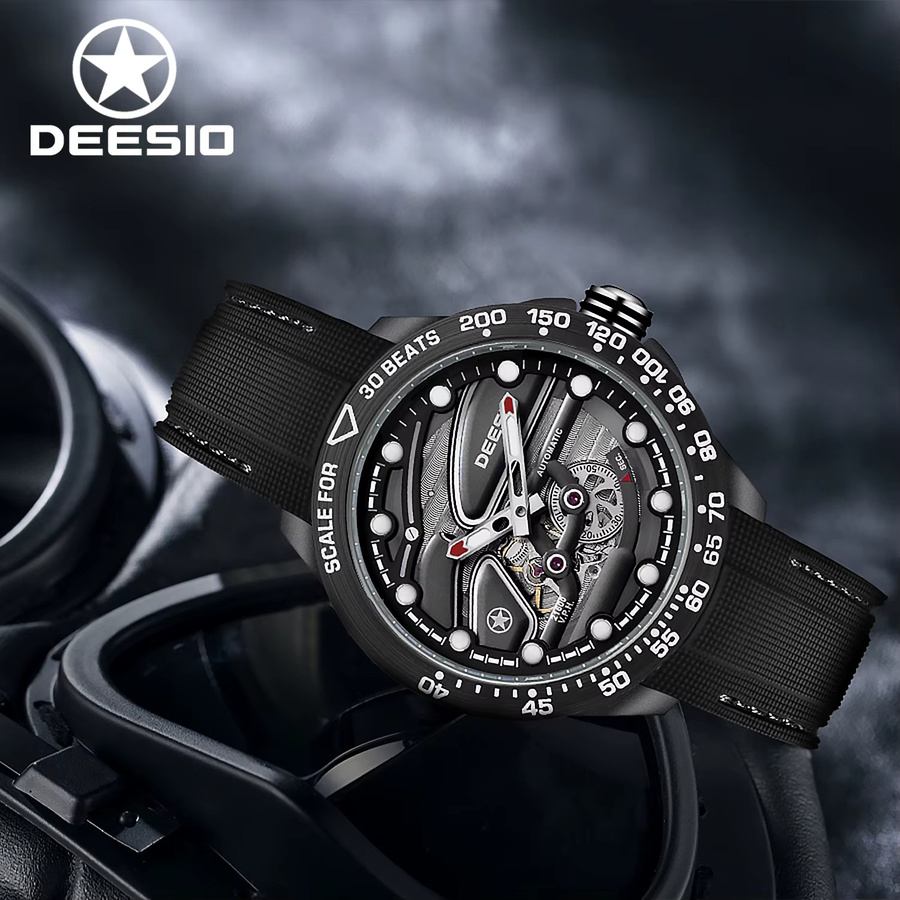 Deesio Armbanduhr Automatik, Kohlefaser, Silikonband, Herren, Schwarz - Bild 1