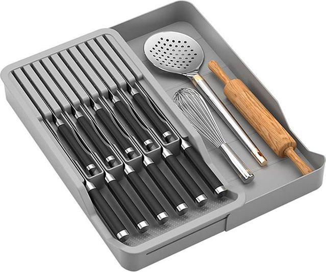 PGY Messerblock Halter und erweiterbarer Organizer für Schubladen, Grau, Breite: 34,5 cm, Höhe: 5,5 cm - Bild 1
