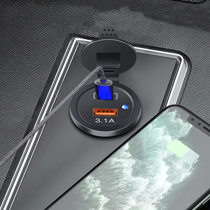 Wasserdichtes Dual-USB-Ladegerät mit LED-Licht und Steckdose in Schwarz für Auto, LKW, Motorrad, ATV und Boot - Bild 2