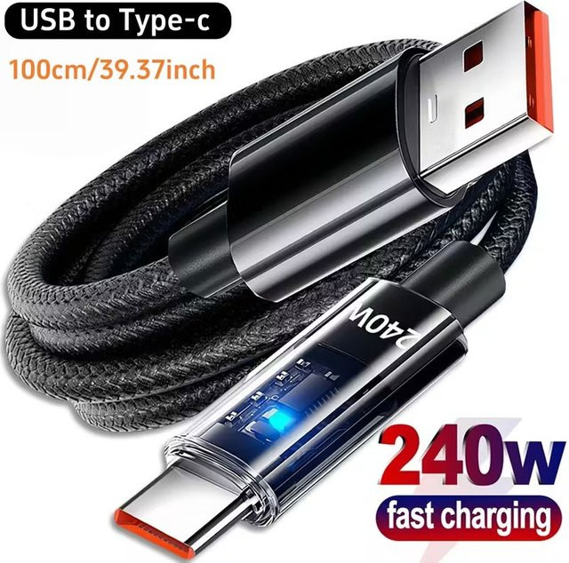 ILEPO USB-A auf Typ-C-Kabel mit 240 W Superschnellladung und LED-Digitalanzeige in Schwarz - Bild 1
