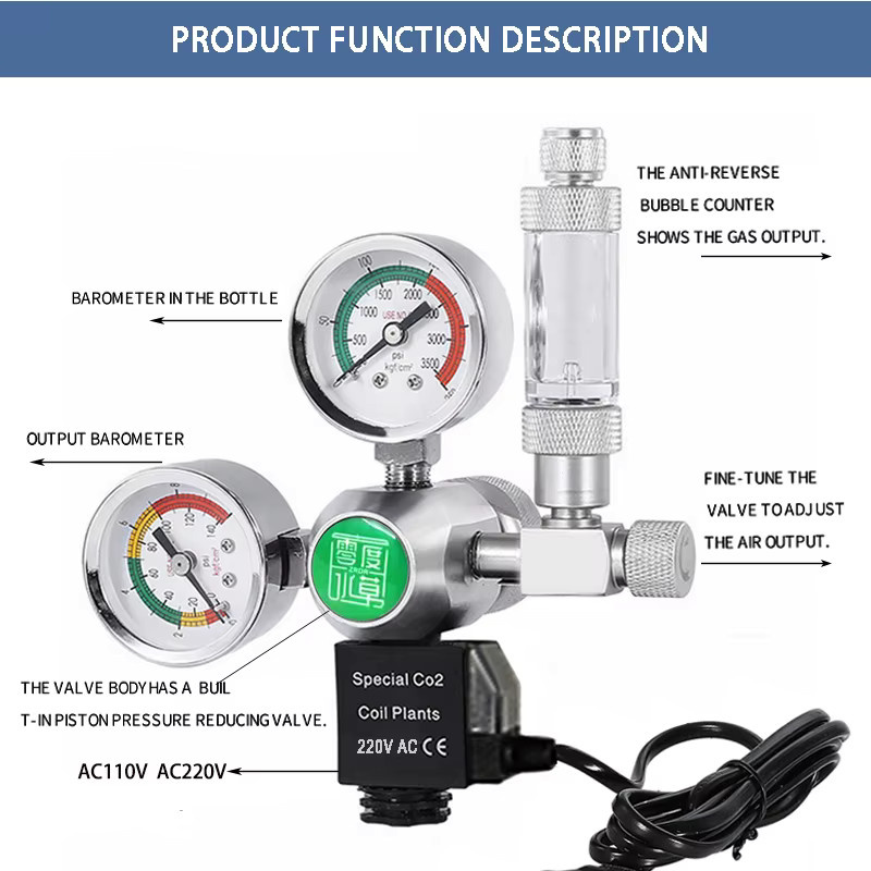 ZRDR Aquarium CO2-Regler mit elektromagnetischem Blasenzähler und Druckminderer in Silber - Bild 2