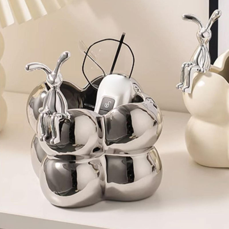 Moderne Keramik-Aufbewahrungsbox in Hasenform von OutsideWorld, Creme und Silber, dekorative Organizer-Box für Ostern - Bild 2