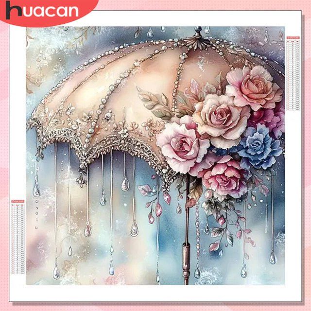 HUACAN 5D Diamantmalerei Regenschirm Landschaft mit Rose Blume als Mosaik Dekoration in Multicolor und Full Round Bohrern - Bild 1