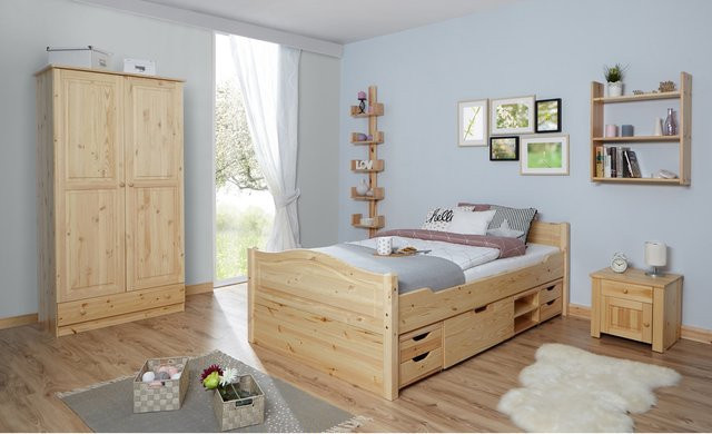 TiCAA Einzelbett Leni aus Kiefer Natur mit Schubladen im skandinavischen Design, B/T/H: 120 x 200 x 129 cm - Bild 1
