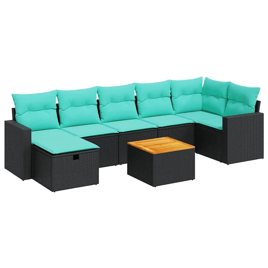 vidaXL 8-teilige Garten-Sofagarnitur in L-Form aus Poly-Rattan und Akazienholz mit Kissen in Schwarz - Bild 2
