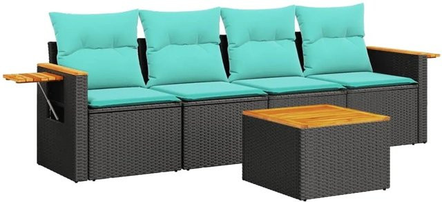vidaXL 5-teilige Garten-Sofagarnitur aus Poly-Rattan und Akazienholz in Schwarz mit blauen Kissen - Bild 1