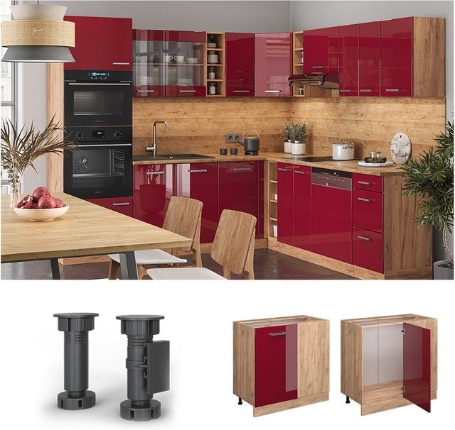 Vicco Eckunterschrank R-Line Küchenschrank in Eiche Bordeaux Hochglanz - Bild 1