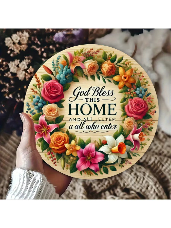 Potdemiel Rundes Metallschild God Bless This Home in Multicolour mit Floralem Design, Durchmesser: 20,32 cm - Bild 5