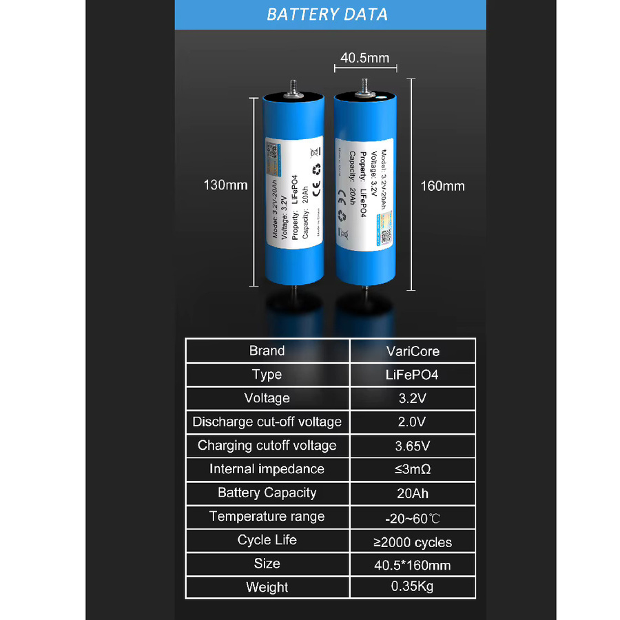 VariCore LiFePO4 Batterie 3,2V 20Ah Blau, wiederaufladbare Tiefzyklusbatterie mit 2000 Zyklen für Solar, EV, RV und Golfcarts - Bild 5