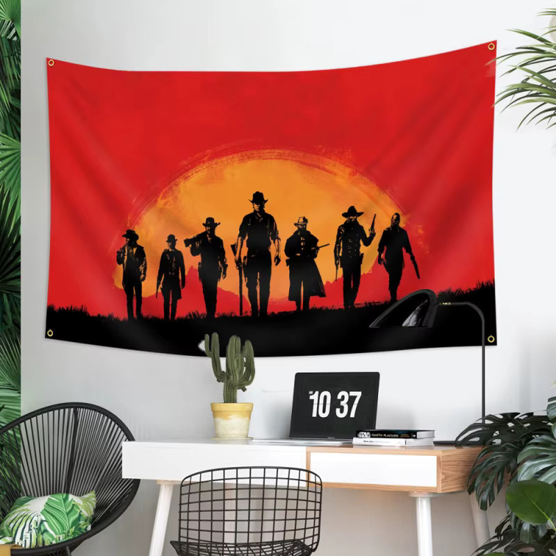 VIKAMA Red Dead Redemption Silhouette Wandteppich mit Western-Sonnenuntergang in Rot, B/H: 60 x 40 cm - Bild 2