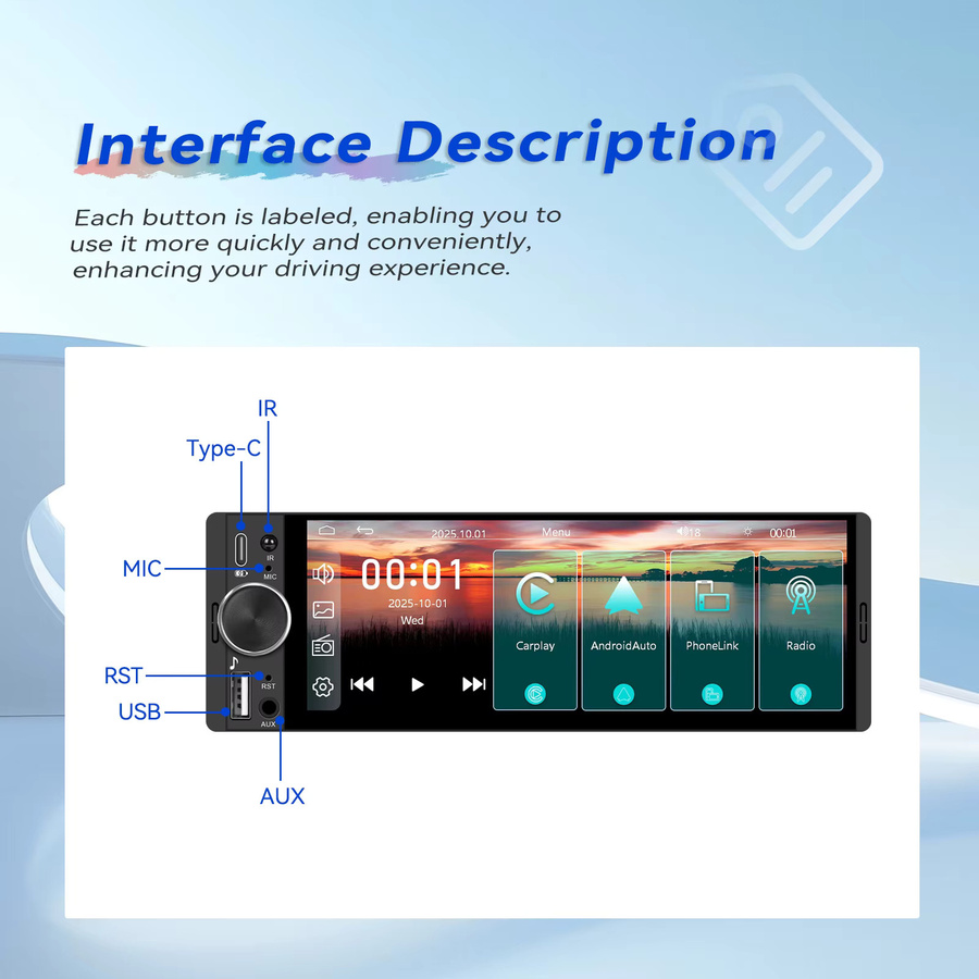 Podofo 1 Din Universal MP5 Autoradio mit 6,28 Zoll HD Touchscreen, kabelloses CarPlay, Android Auto, Mirror Link, Bluetooth und USB in Schwarz - Bild 3