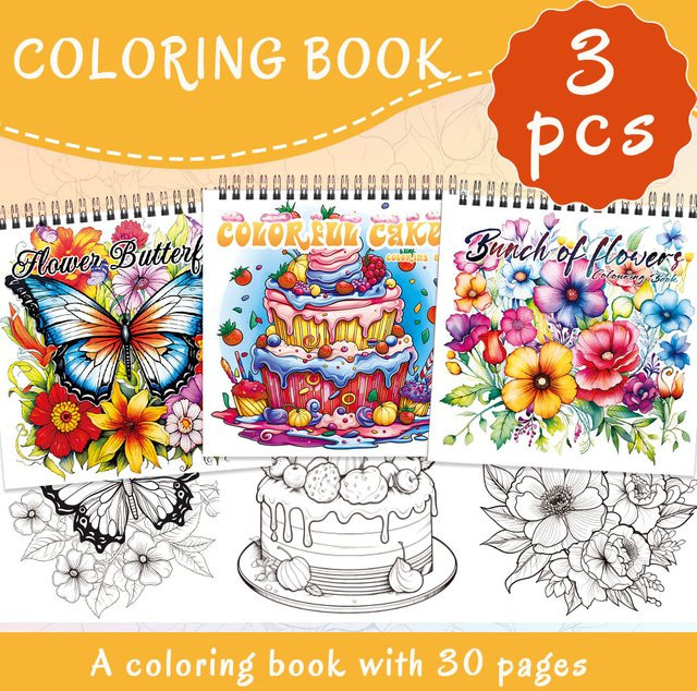 3-teiliges Freizeit-Malbuch-Set für Erwachsene mit floralen Schmetterlings- und Kuchen-Designs, 30 Seiten mit Spiralbindung, Mehrfarbig - Bild 1