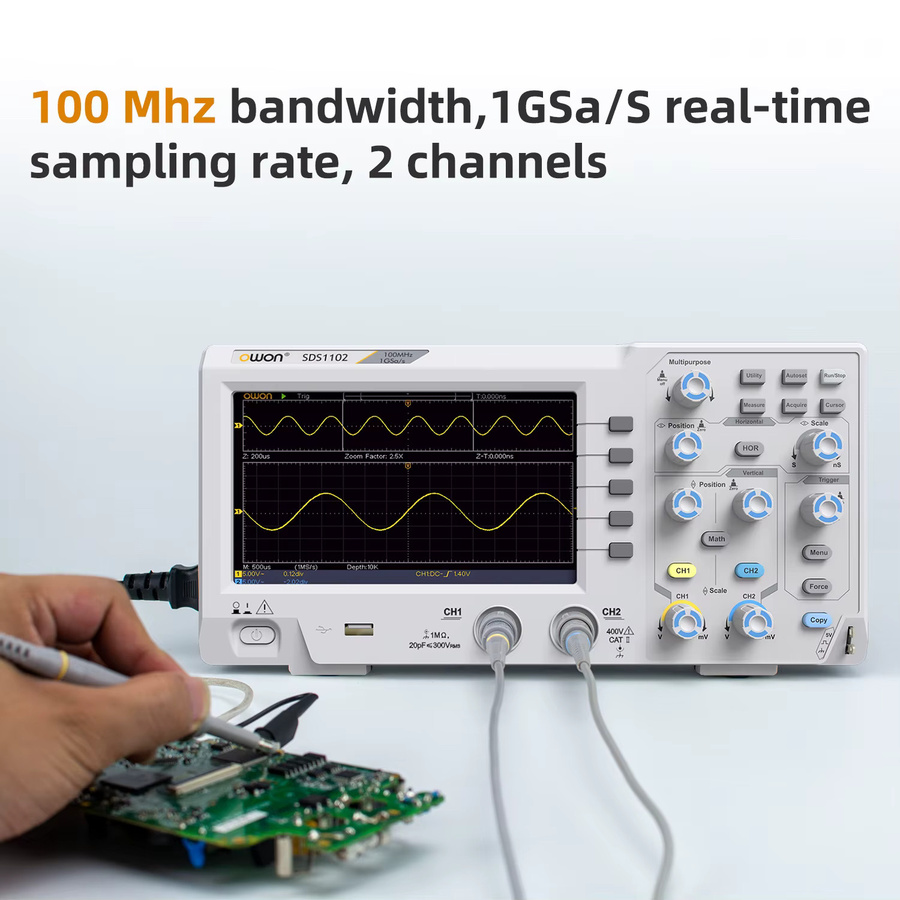 Owon SDS1102 Digitales Oszilloskop in Grau mit 100 MHz Bandbreite, 2 Kanälen und 1 GS/s Abtastrate sowie 7-Zoll-TFT-Display - Bild 2