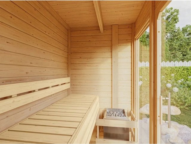 Karibu Gartensauna View aus Fichte in Terragrau mit Klarglastür und Terrasse - Bild 1