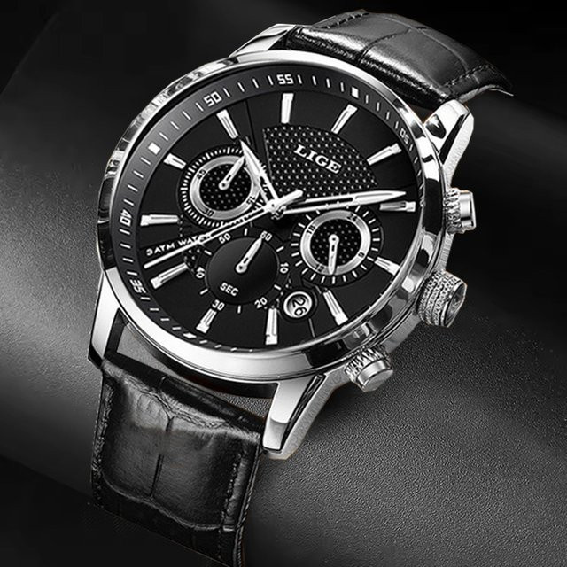 LIGE Armbanduhr Quarz, Leder, Schwarz, Herren - Bild 1