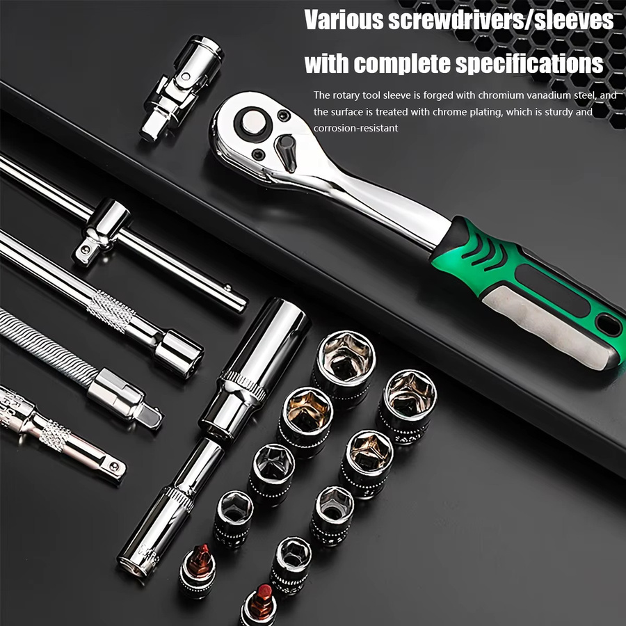 NIUXIANG 53-teiliges Steckschlüssel-Set mit 1/4 Zoll Antrieb, metrisch, inklusive Ratschenschlüssel und Verlängerungsstange, Farbe: Silber - Bild 1