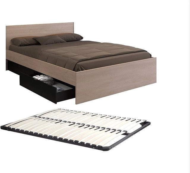 Velona Bettrahmen Modern mit Schubladen in Natur, Schwarz und Beige, B/T/H: 164,4 x 140 x 190 cm - Bild 1