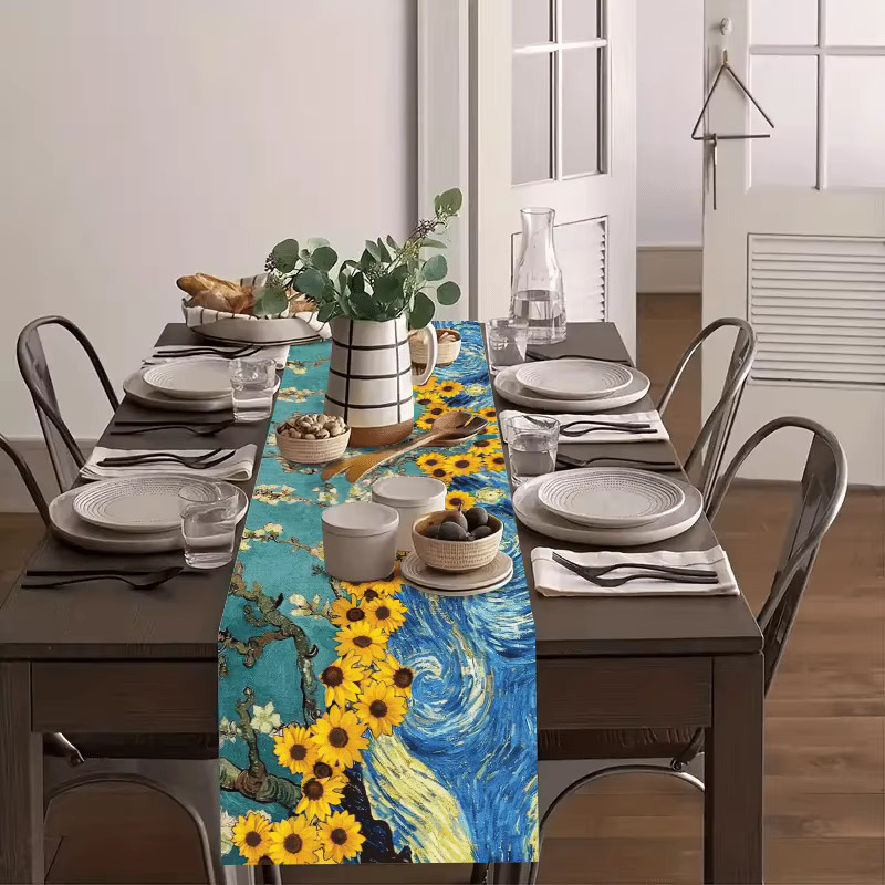 JIT Tischläufer mit Van Gogh Sonnenblume und Mandelblüte Motiv aus Leinen, Mehrfarbig, B: 30,0 cm - Bild 2