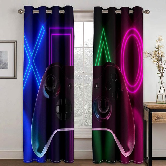 Yiran Furniture 3D E-Sport Gamepad Vorhangset für Kinder, 2er-Set, Blau, halbtransparent, Höhe: 130 cm, Breite: 100 cm - Bild 1