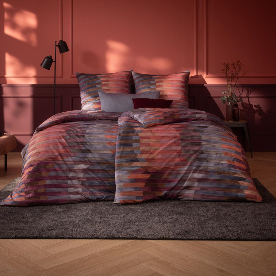 Estella Mako Jersey Bettwäsche Auri Abendrot Streifen Ovale, Farbe: Rot/Mehrfarbig, B/H: 135 x 200 cm, Kissen: 80 x 80 cm - Bild 1