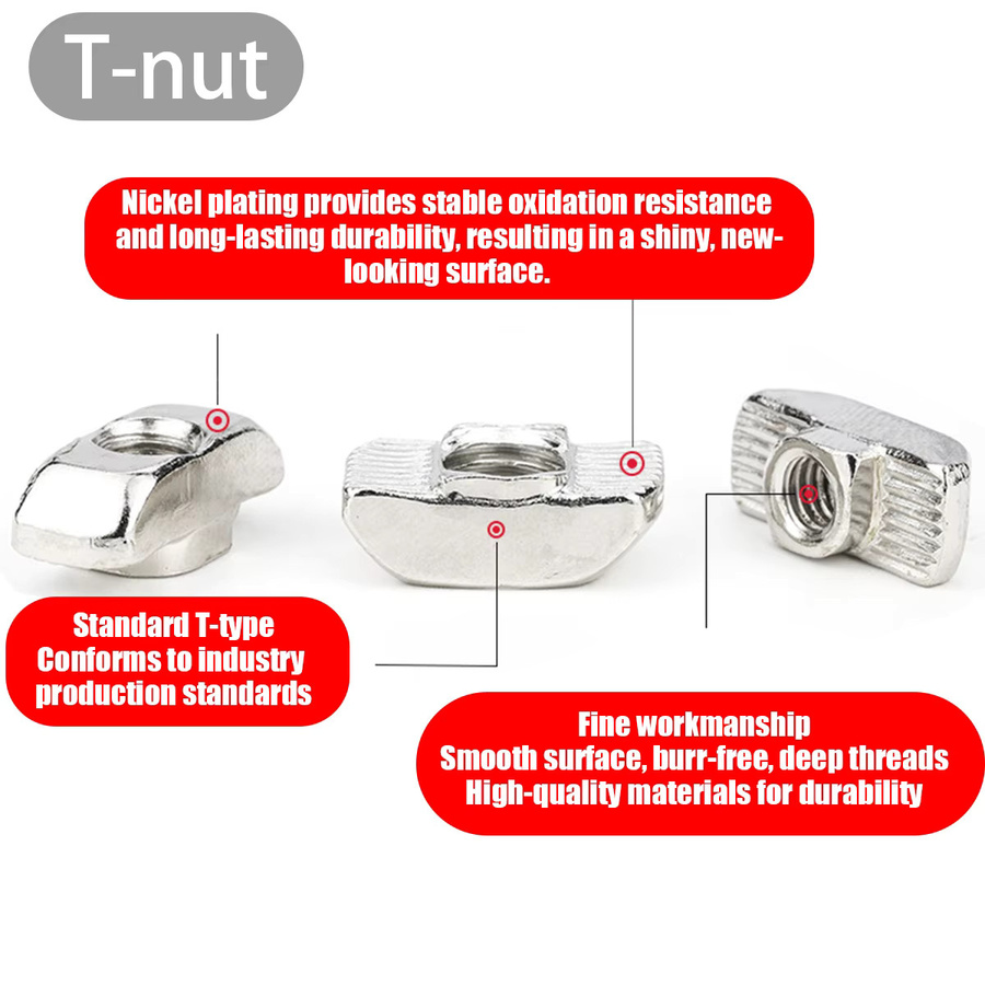 200-teiliges T-Nut- und Schrauben-Set aus vernickeltem Kohlenstoffstahl in Silber für Aluminiumprofile mit M3, M4 und M5 T-Nut-Muttern und Maschinenschrauben - Bild 2