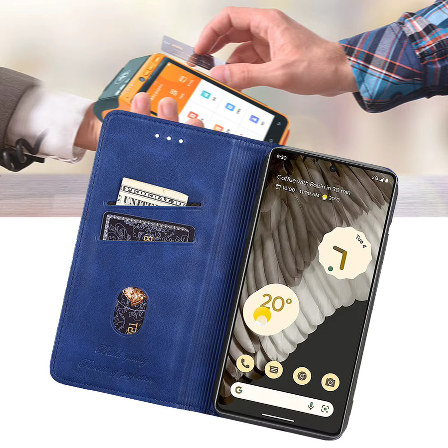 Magnetische Leder Handyhülle als Flip Cover mit Kartenfächern für Google Pixel 8 7 6 Pro 8a 7a 6a 5a 4a 5 XL in Braun oder Blau - Bild 5