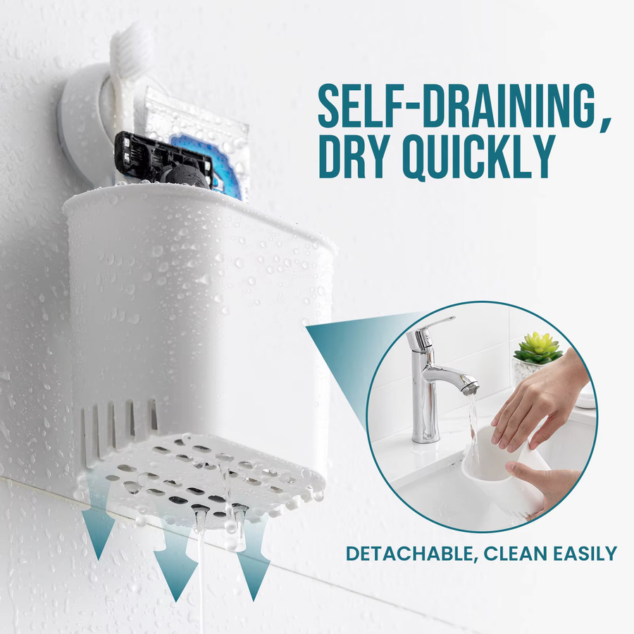 TAILI Zahnbürstenhalter mit Saugnapf in Weiß für Badezimmer und Dusche inklusive abnehmbarem Rasiererhalter und Zahnpasta-Halter - Bild 2